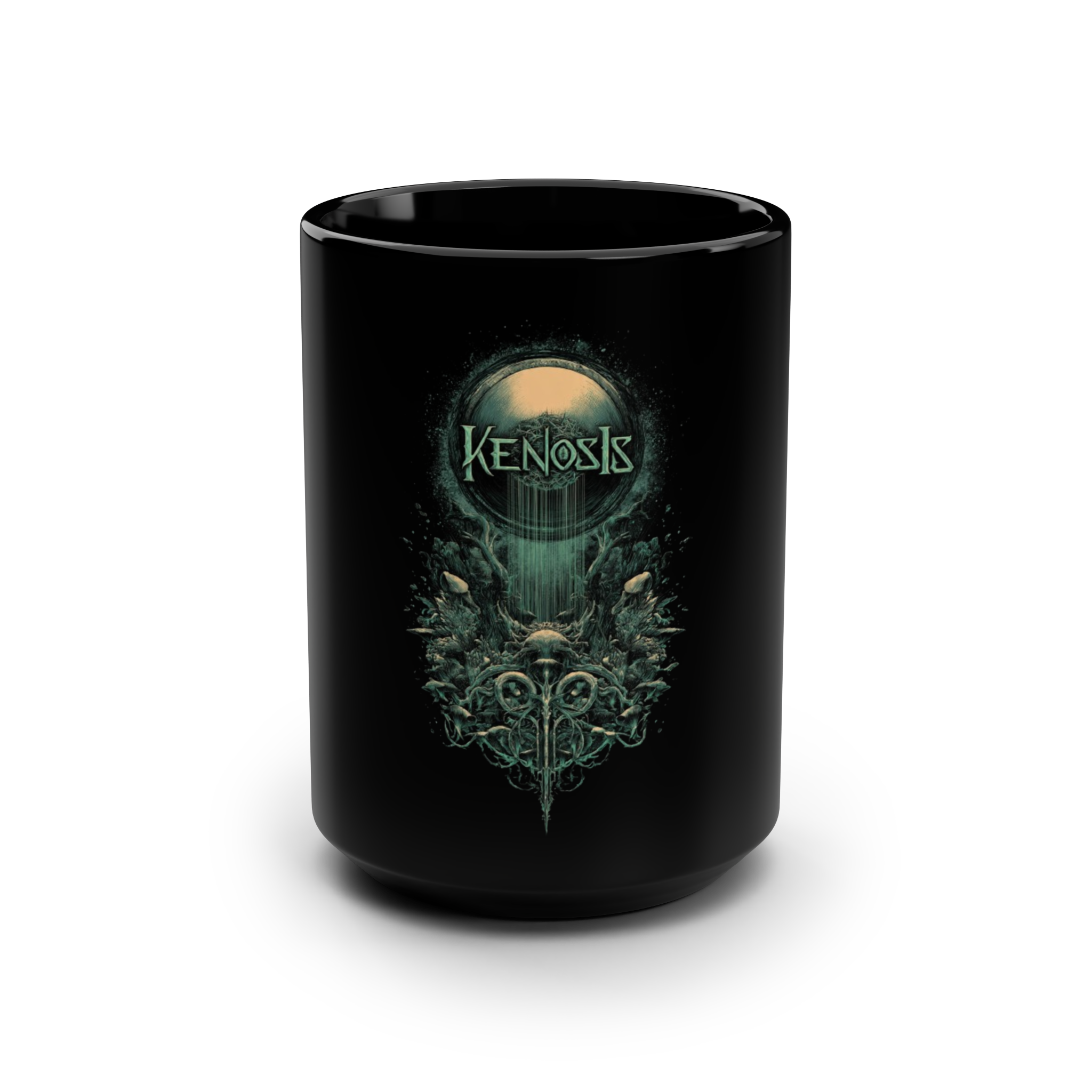 Kenosis mug with emblem artwork on a black background